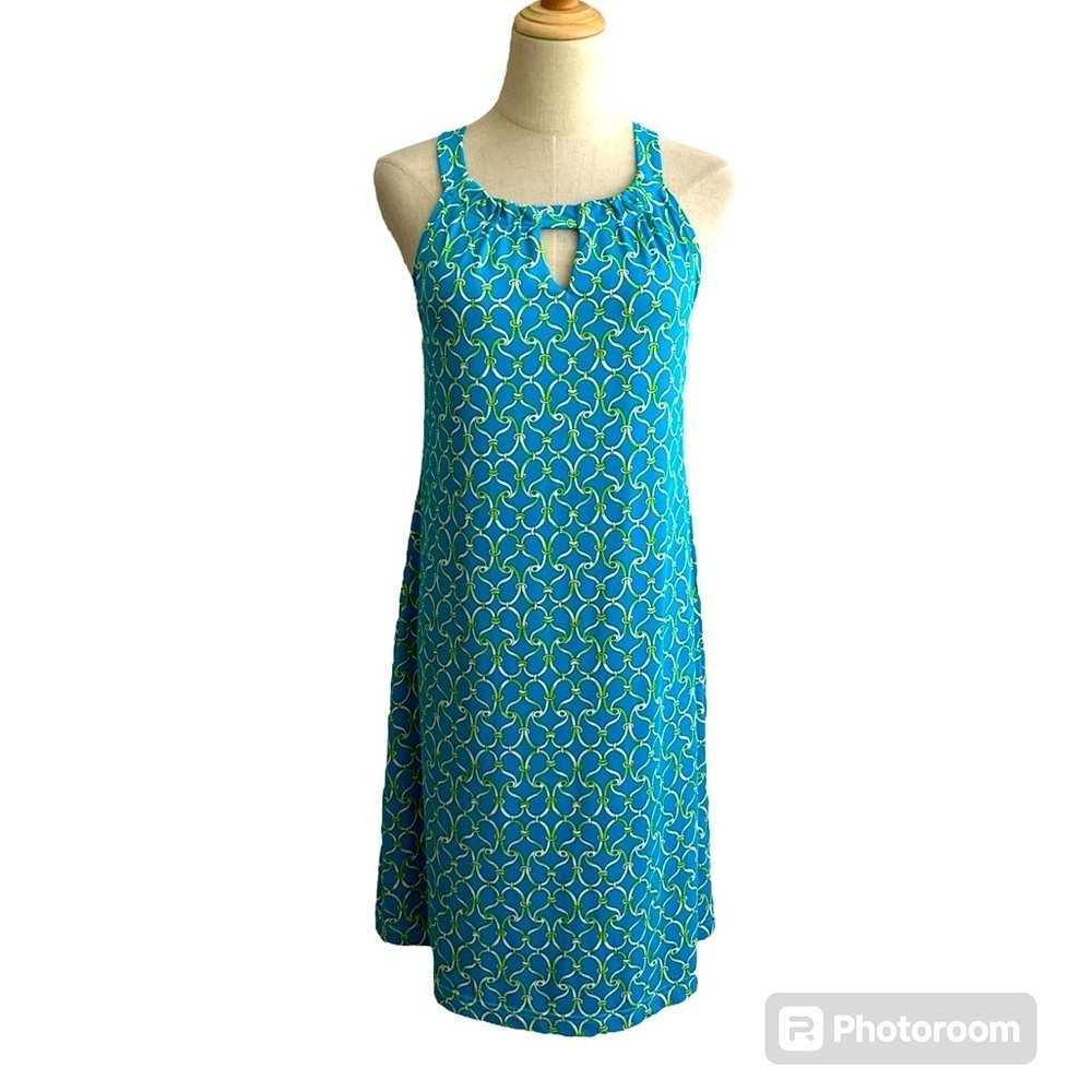 Barbara Gerwit Blue and Green Link Print Halter Style Resort Dress Size Medium